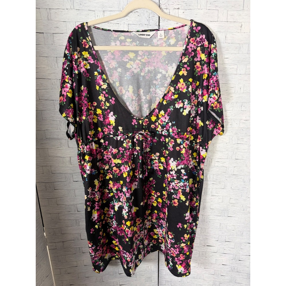 Lands End Womens Dress swim Cover-up Floral V-Neck Drawstring Waist Pockets